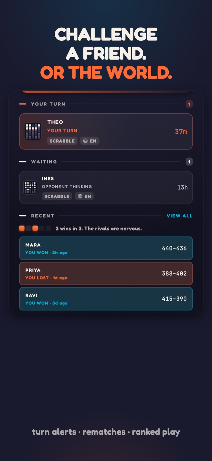 The matches feed: your turn, waiting, recent results