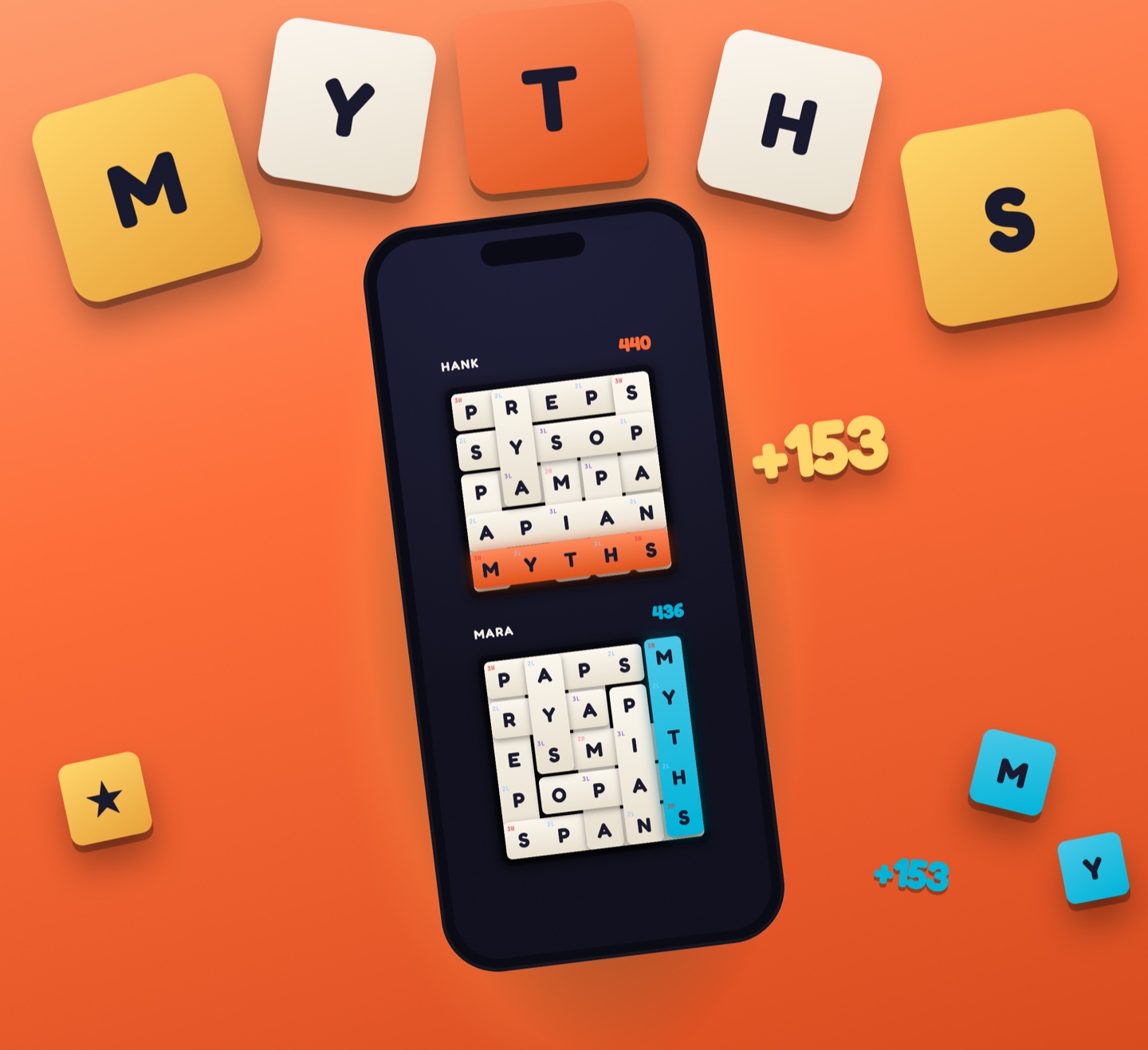 A finished duel on a phone, Hank 440 to Mara 436, with the tiles of MYTHS flying out of the winning board for 153 points